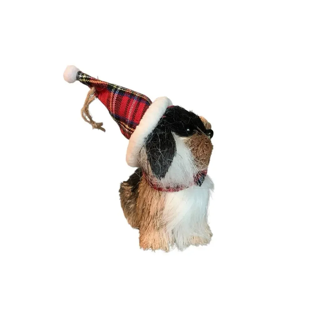Pier 1 Imports Sisal Dog Christmas Tree Ornaments Set of 3 Santa Hat Plaid 5.5
